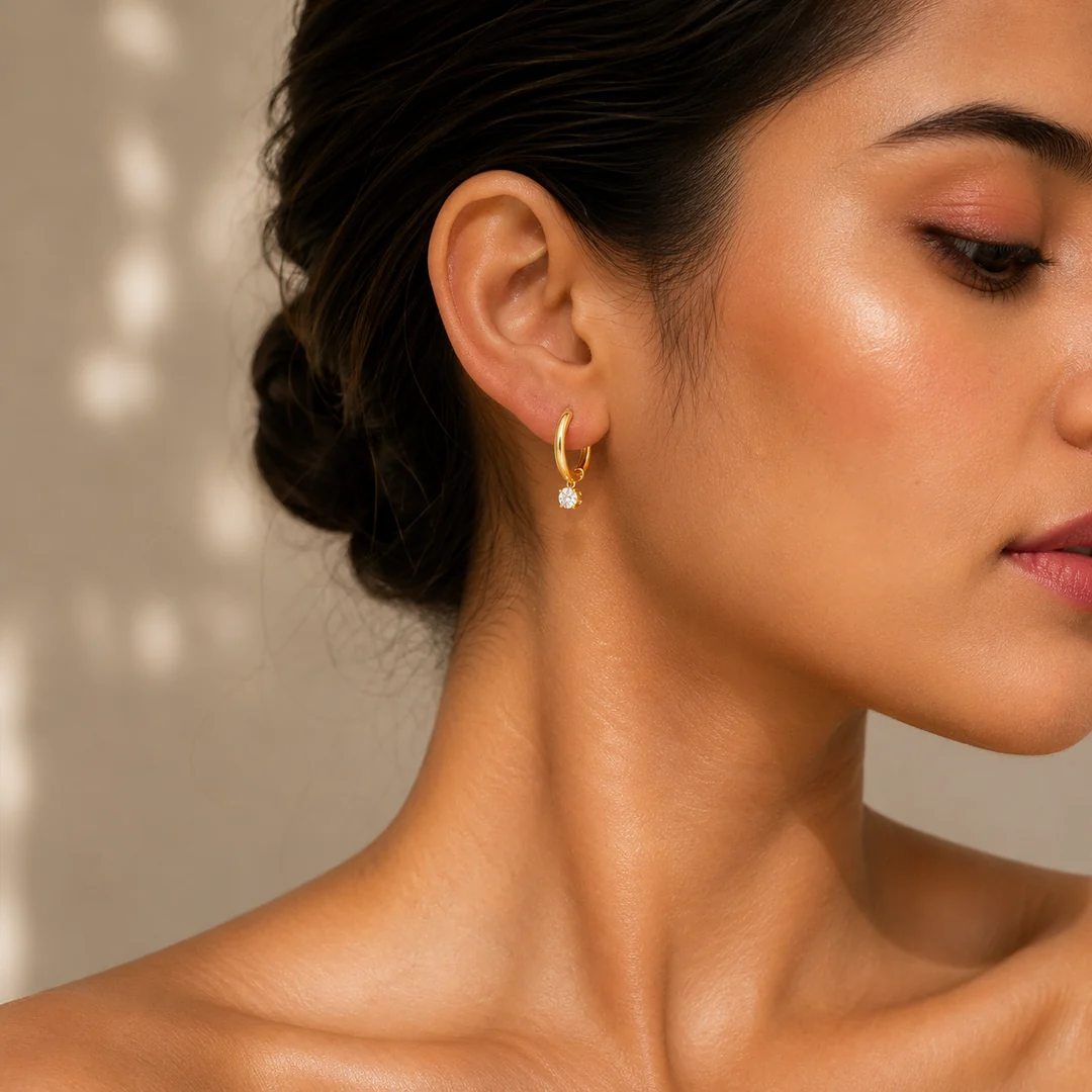 Elegant Gold Hoop Earrings with Sparkling Crystal Drop - Image 2