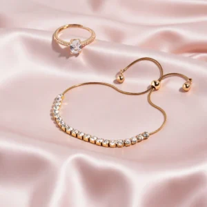 Elegant Gold-Tone Crystal Tennis Necklace & Solitaire Ring Set for Women