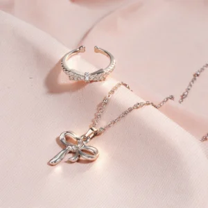 Elegant Silver Bow Pendant Necklace & Crystal Ring Set for Women