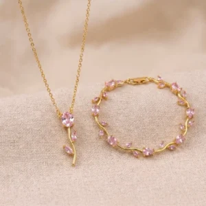 Elegant Pink Crystal Vine Necklace & Bracelet Set for Women
