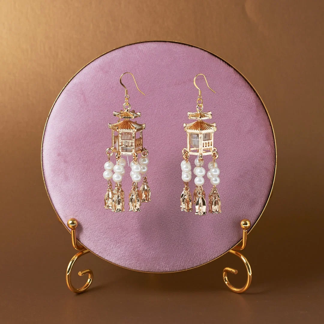 Traditional Lantern Pearl Tassel Earrings for Women